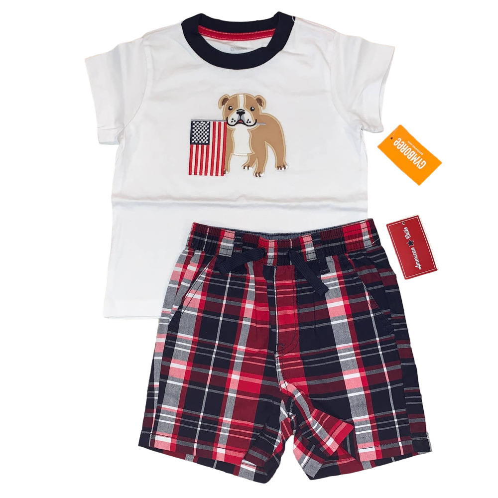 NWT Gymboree Boys Patriotic Bull Dog Applique Tee & Plaid Jogger Shorts -